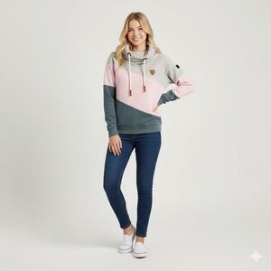 Wanakome Athena Hoodie Large‎ Colorblock Pink Gray Taupe Funnel Neck Sweatshirt